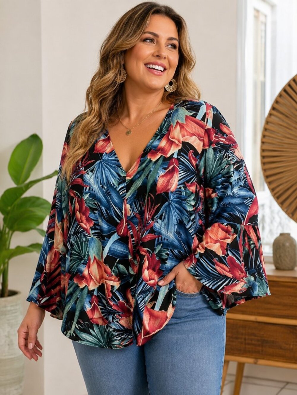 ODDY Tropical Floral Ruffle Bell Sleeve V Neck Blouse Multicolor Plus 3X NWOT